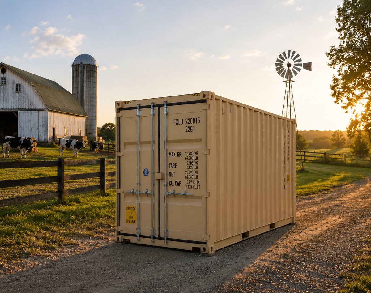 Shipping container placed beside a barn and cattle pasture