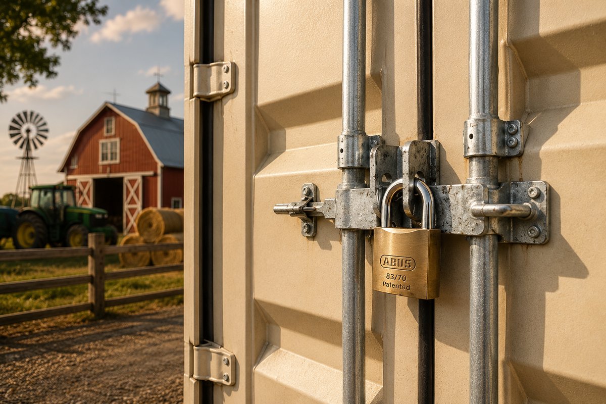 Padlock securing a container door on a farm