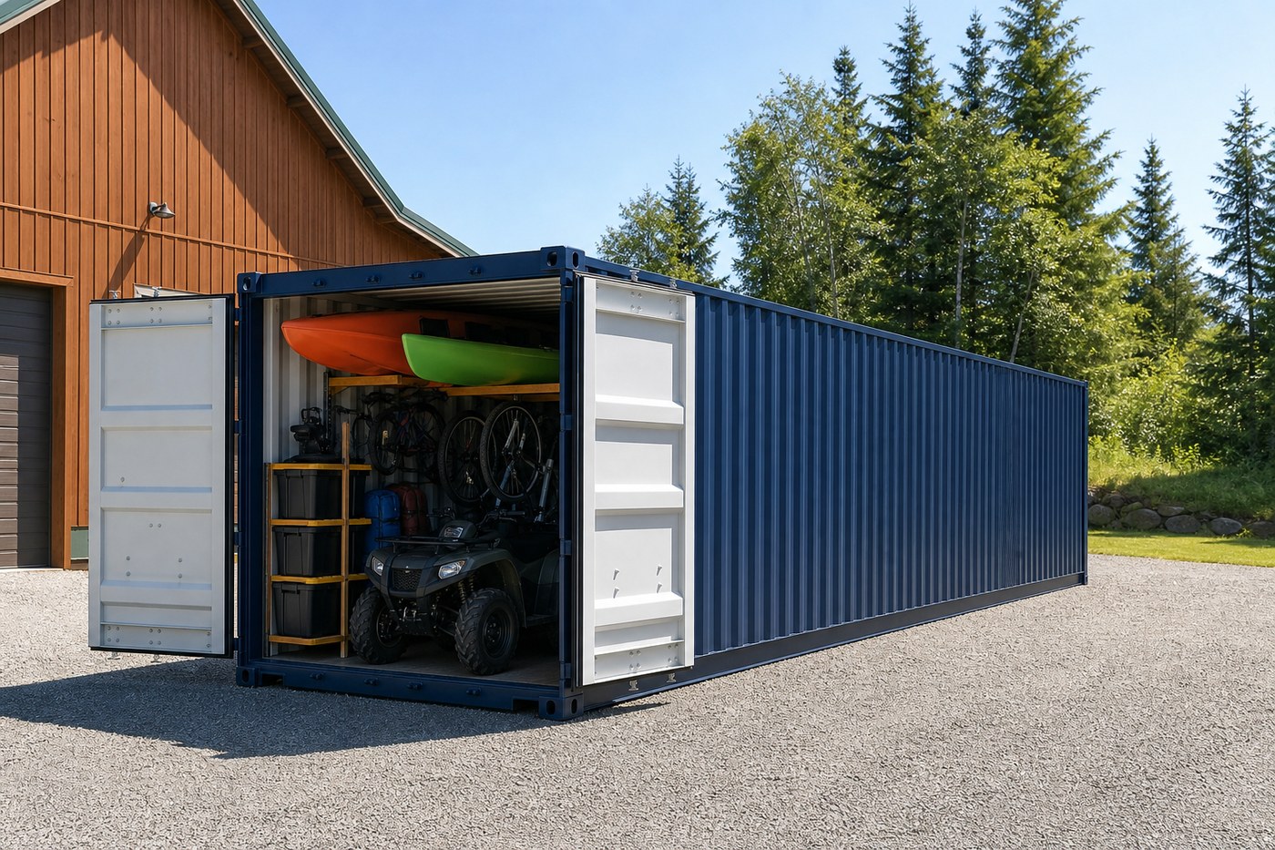 ATV bicycles and kayaks organized in a 40 foot container