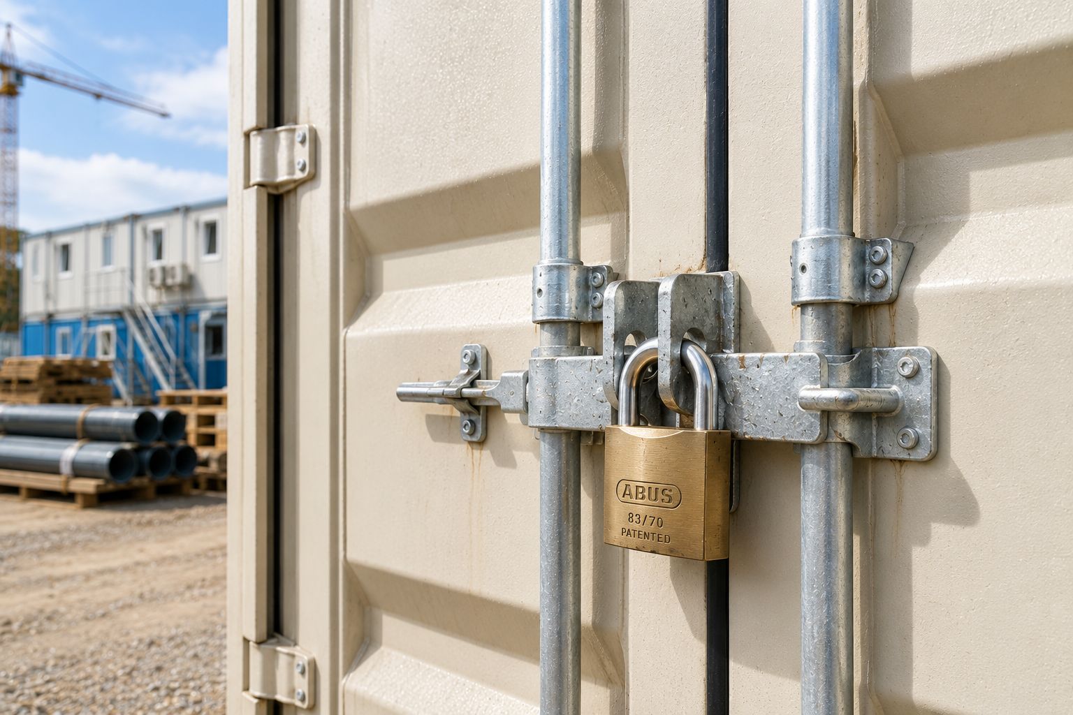 Padlock securing a container door on a job site