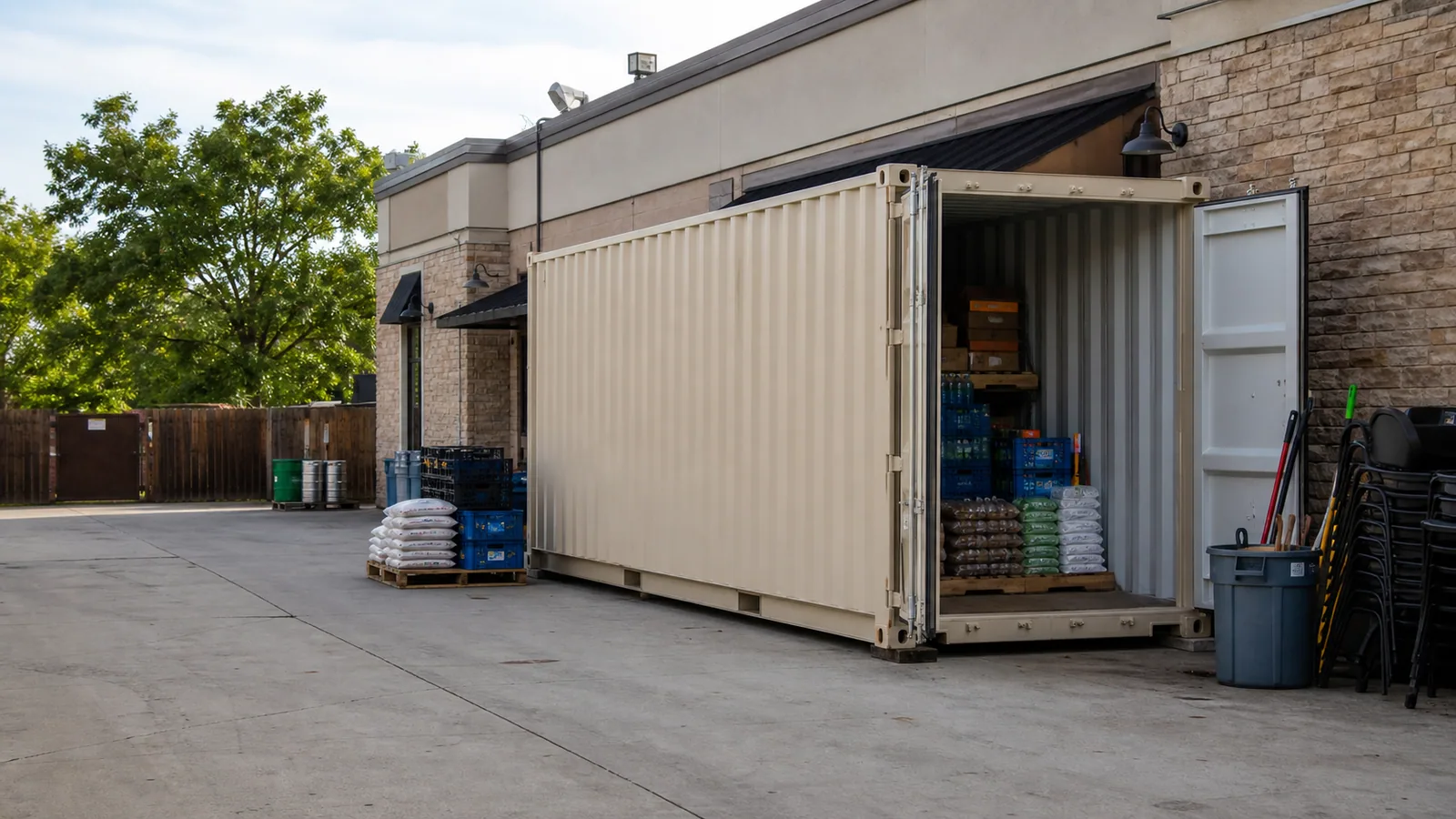 Shipping container storing restaurant supplies beside a business