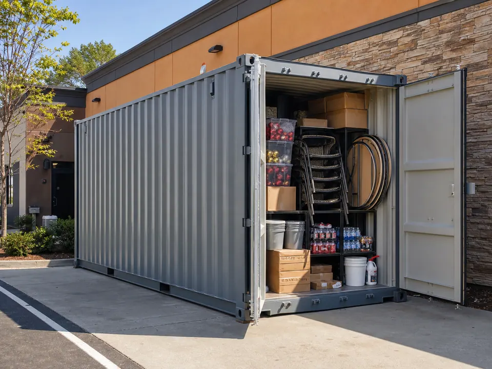 Restaurant furniture and seasonal retail stock stored in a 20 foot container beside the business
