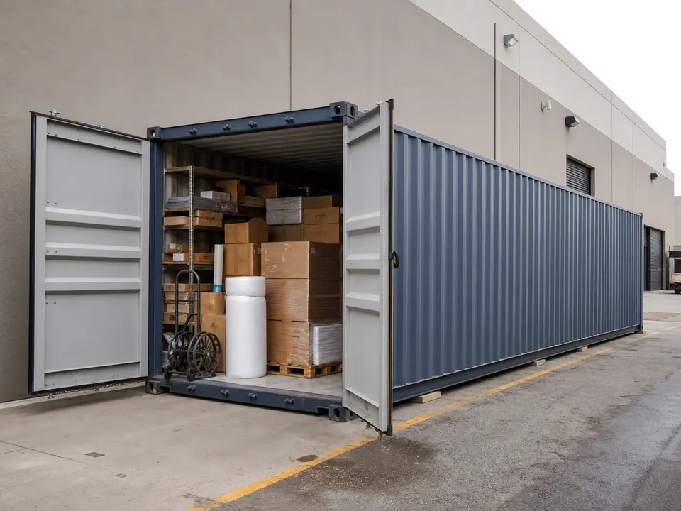 Packaging supplies and warehouse overflow stored in a 40 foot container beside the loading area