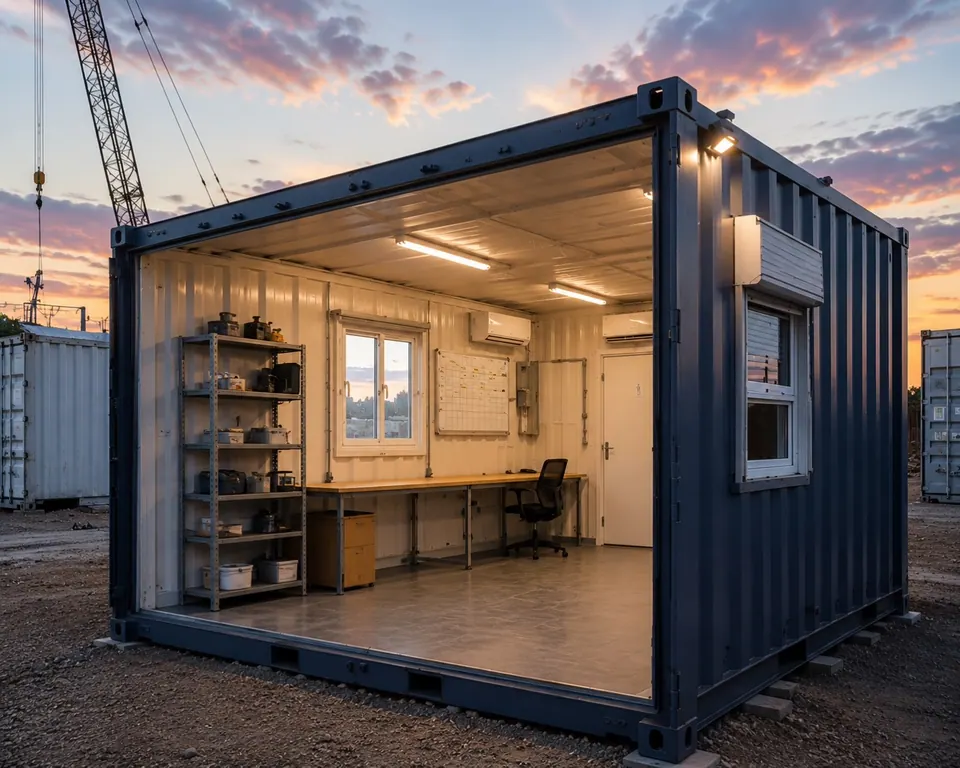 Modified shipping container with lighting shelving and work area