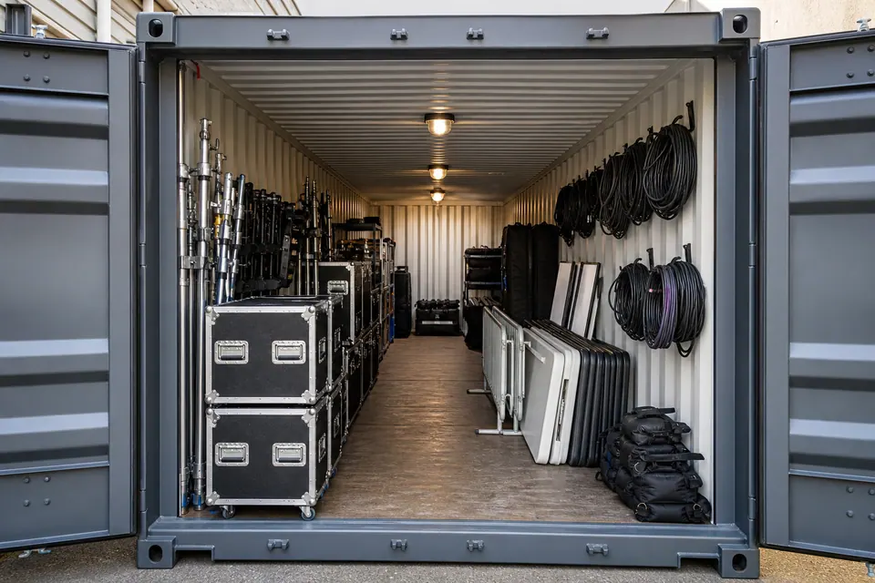 Events & Production supplies organized inside a shipping container