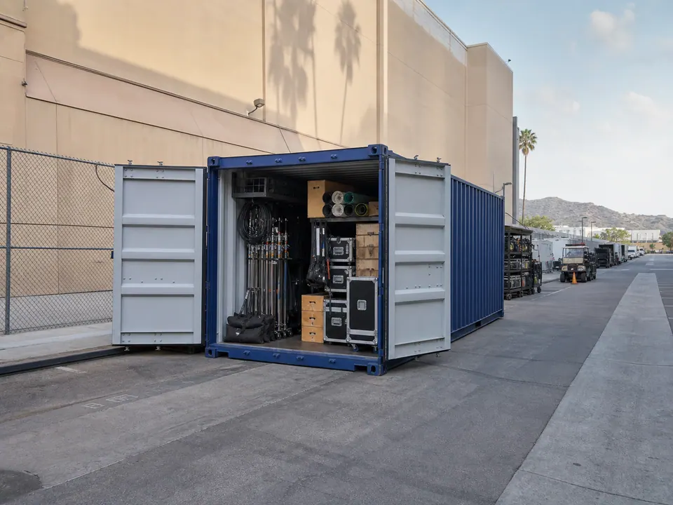 Camera cases lighting stands and production equipment inside a container on a film studio backlot