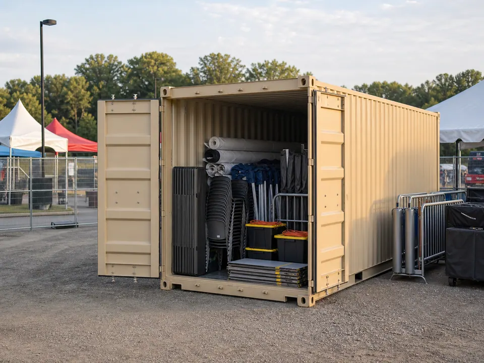 Tents chairs barriers and portable flooring organized in a container at a community festival