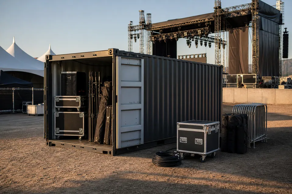Road cases lighting stands and barriers stored in a twenty foot container behind a concert venue