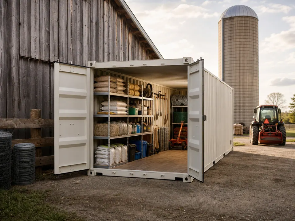 Farm supplies organized inside a shipping container