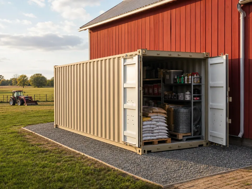 Feed seed and fencing stored inside a standard 20 foot container beside a barn