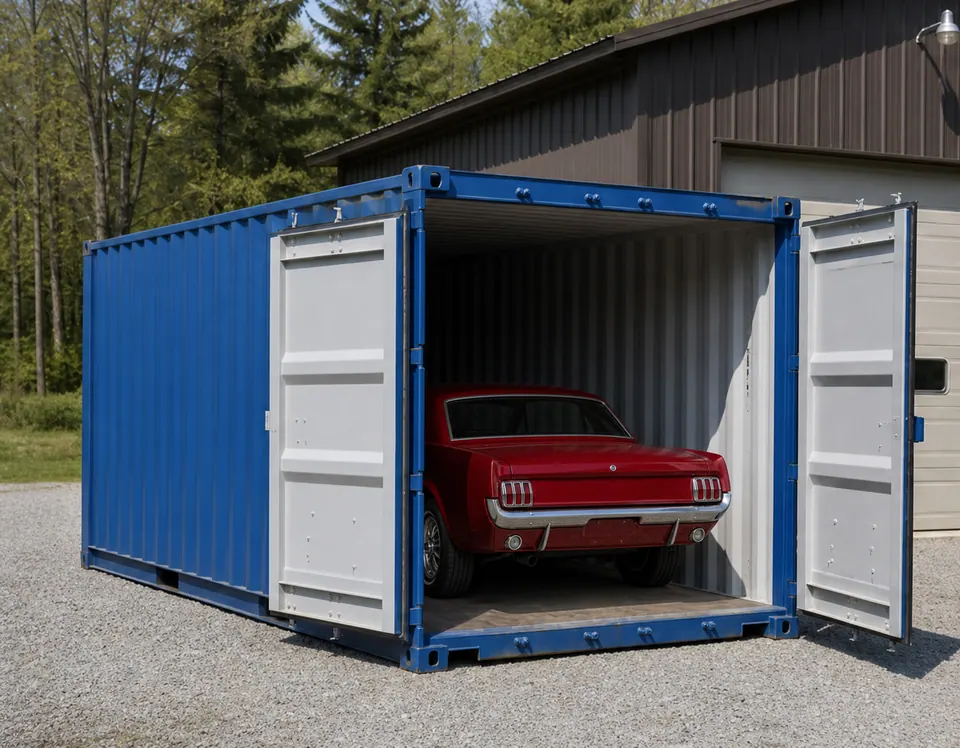 Classic American pony coupe stored through both short-end doors of a twenty foot container beside a workshop