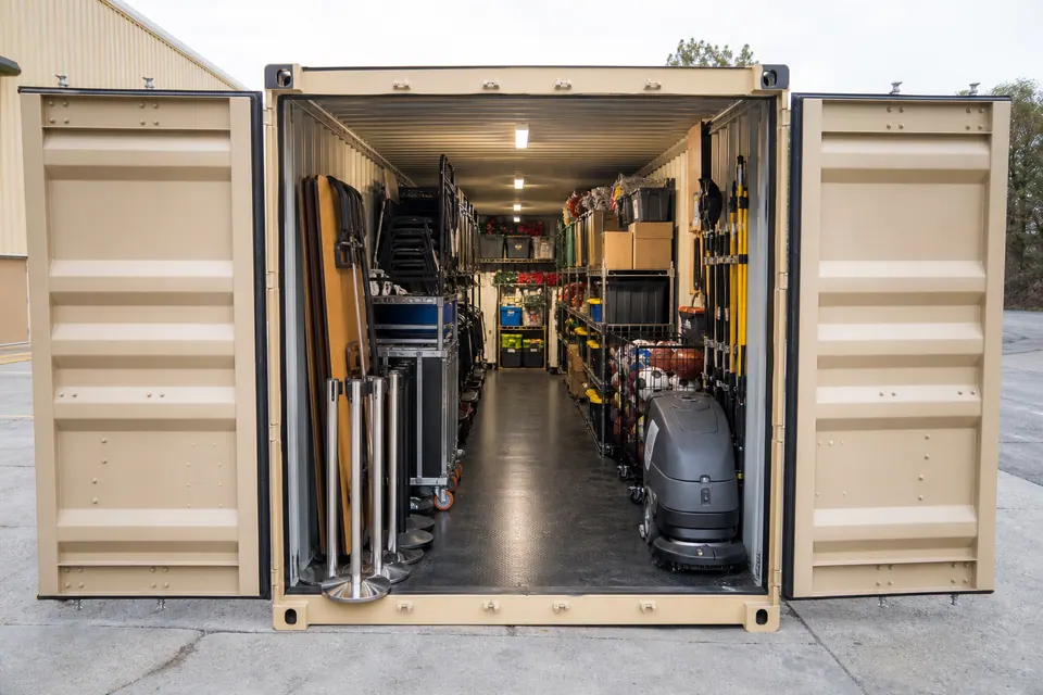 Government, Schools & Institutions supplies organized inside a shipping container