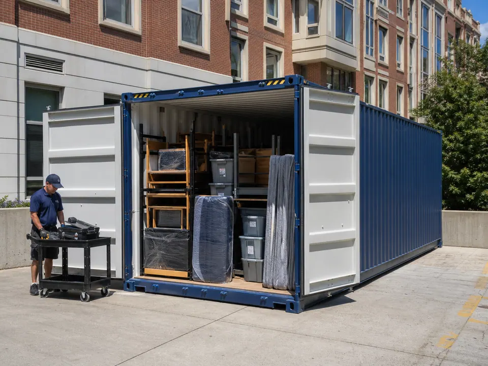Dorm furniture and move bins stored in a forty foot container at a university residence hall