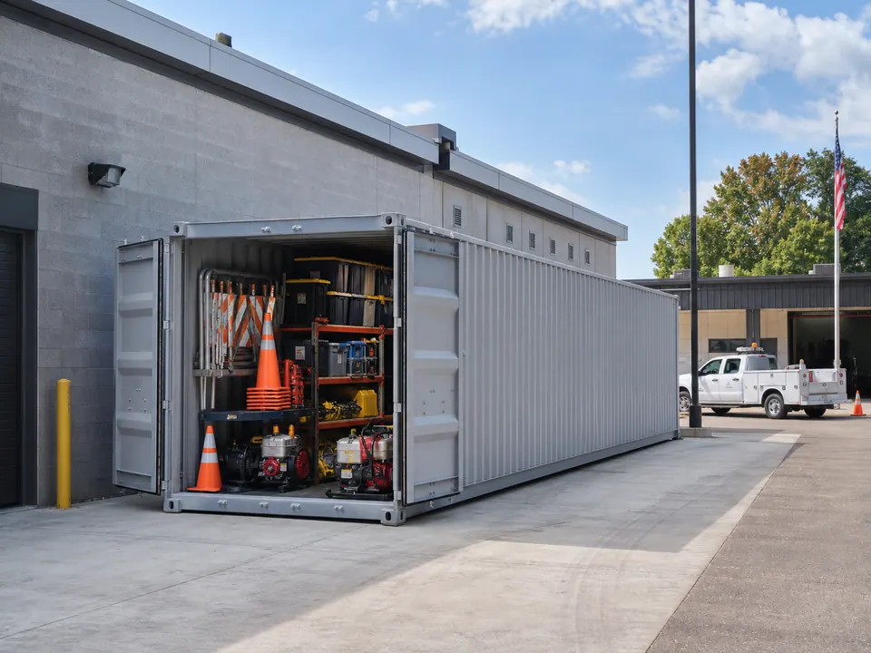 Emergency supplies barriers pumps and maintenance equipment stored beside a municipal operations building