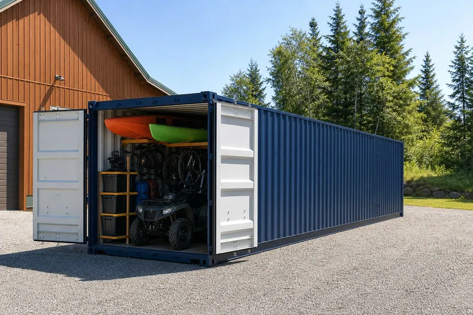 Kayaks bicycles an ATV and camping gear organized through the short-end doors of a forty foot container beside a workshop