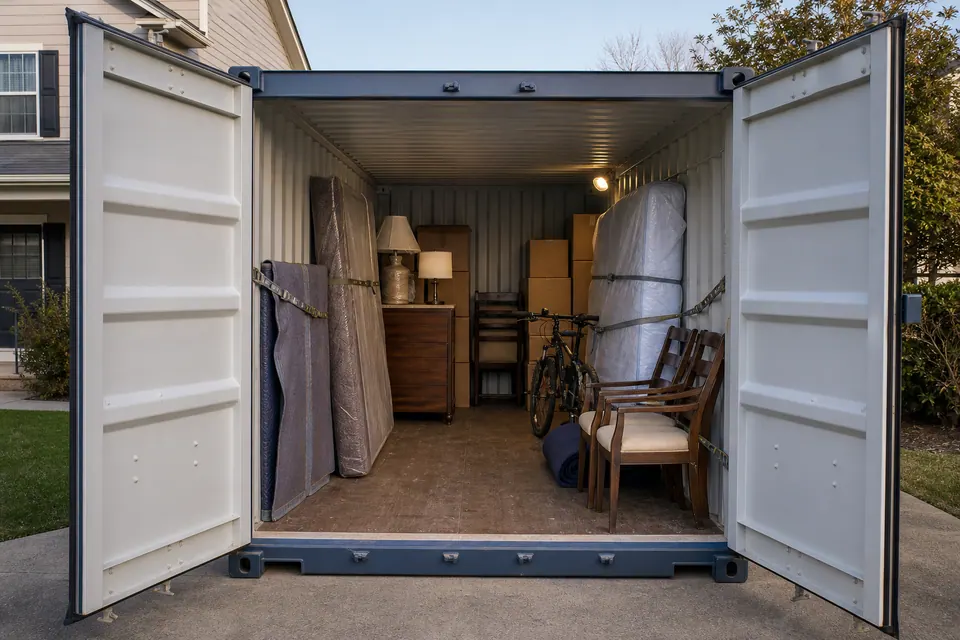 Moving & Relocation supplies organized inside a shipping container