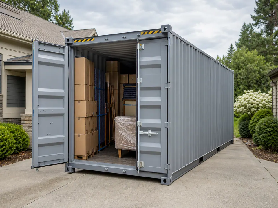 Boxes furniture and moving blankets secured inside a standard shipping container