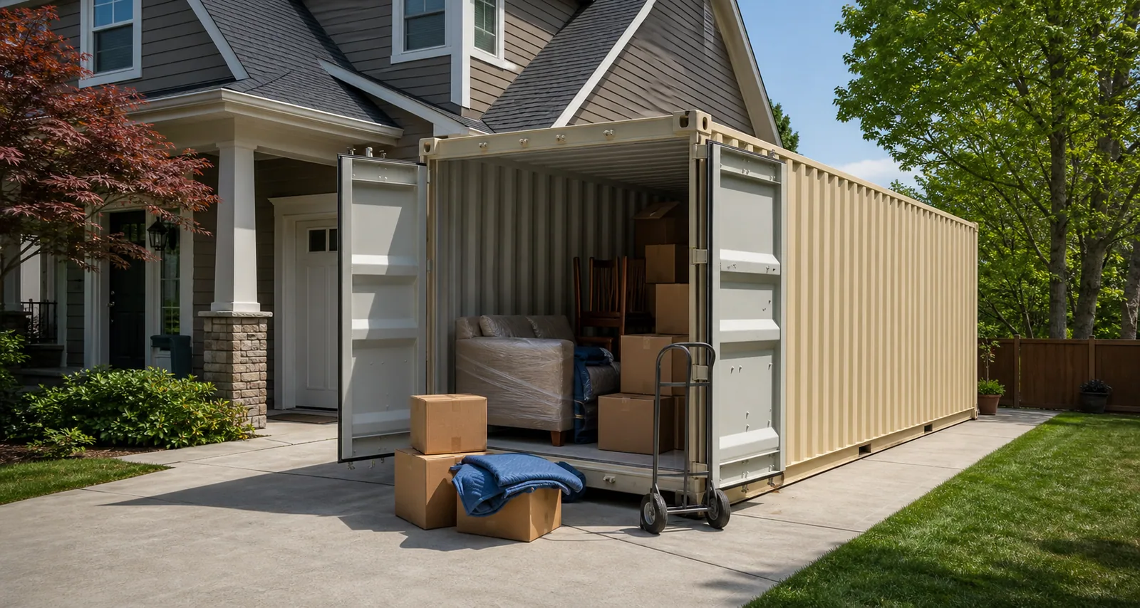 Twenty foot shipping container holding household furniture and boxes beside a suburban home