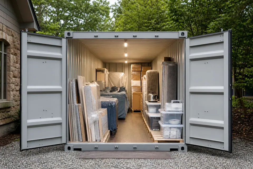 Renovation supplies organized inside a shipping container