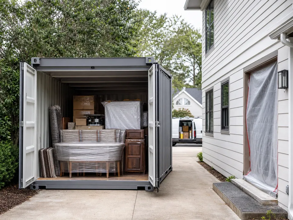 Wrapped furniture cabinets rugs and boxes stored inside a container beside a renovated home