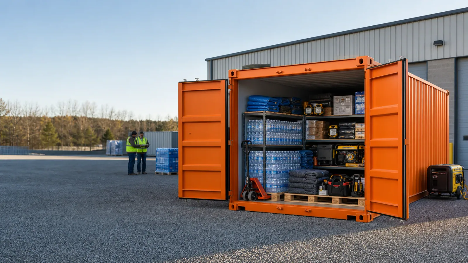 Twenty foot orange container holding water blankets tarps PPE work lights and recovery tools at an emergency operations yard