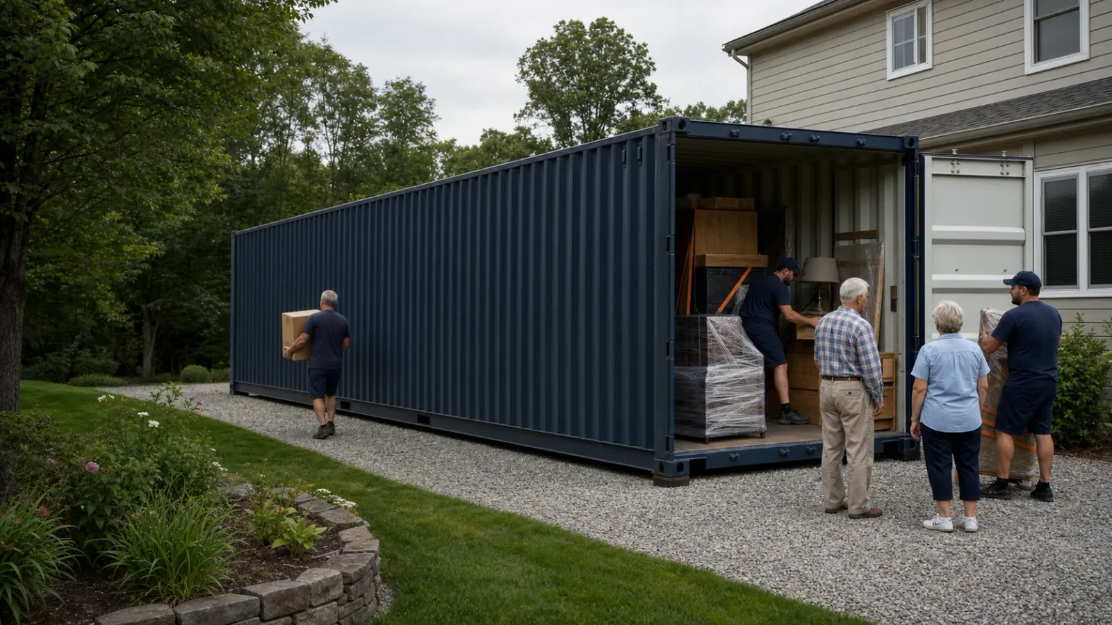 Retired couple gradually loading household furniture into the short-end cargo doors of a standard forty foot container beside their home