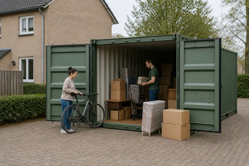 Young adults loading a bicycle books and household belongings through both short-end doors of a twenty foot container beside a townhouse