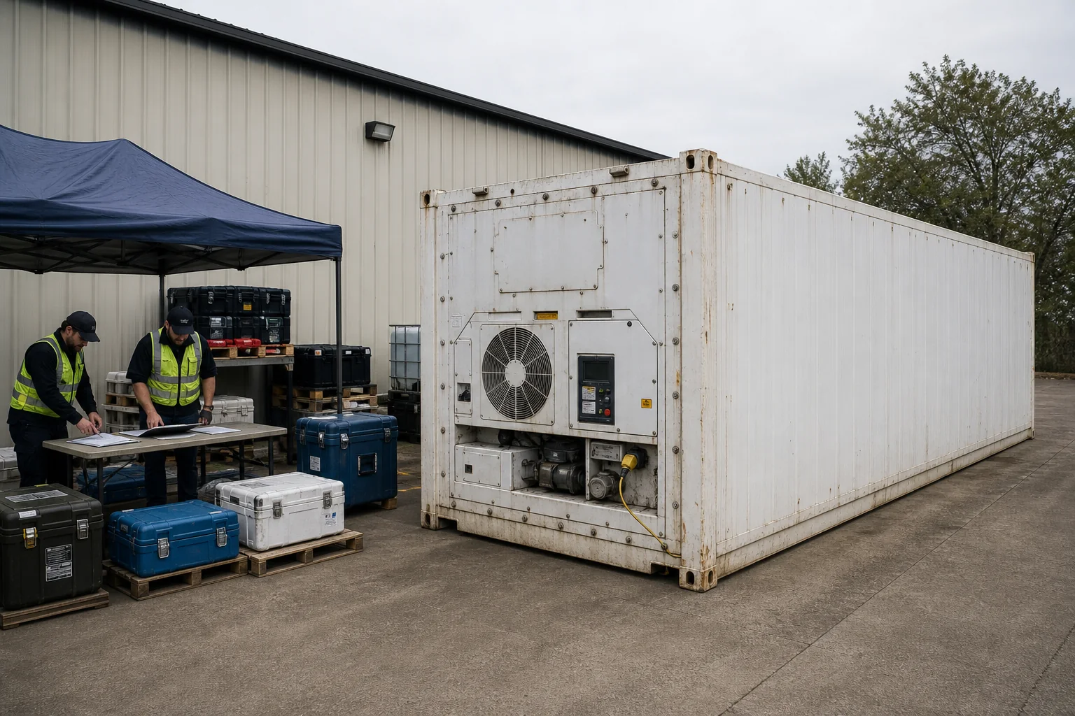 Twenty foot refrigerated container supporting a monitored emergency cold-chain inventory beside an operations warehouse