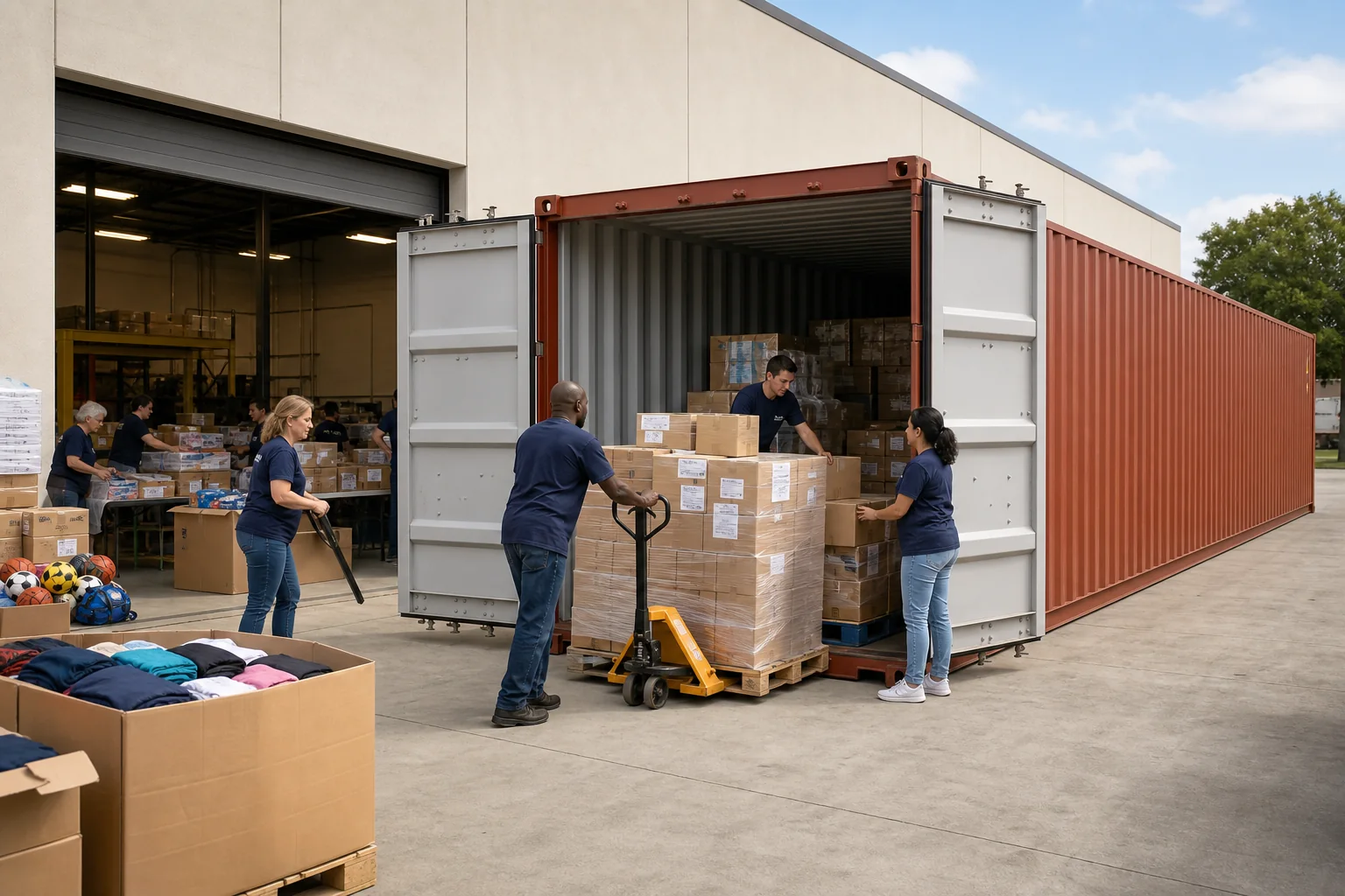 Nonprofit volunteers loading medical supplies clothing and sports equipment through the short-end doors of a forty foot container