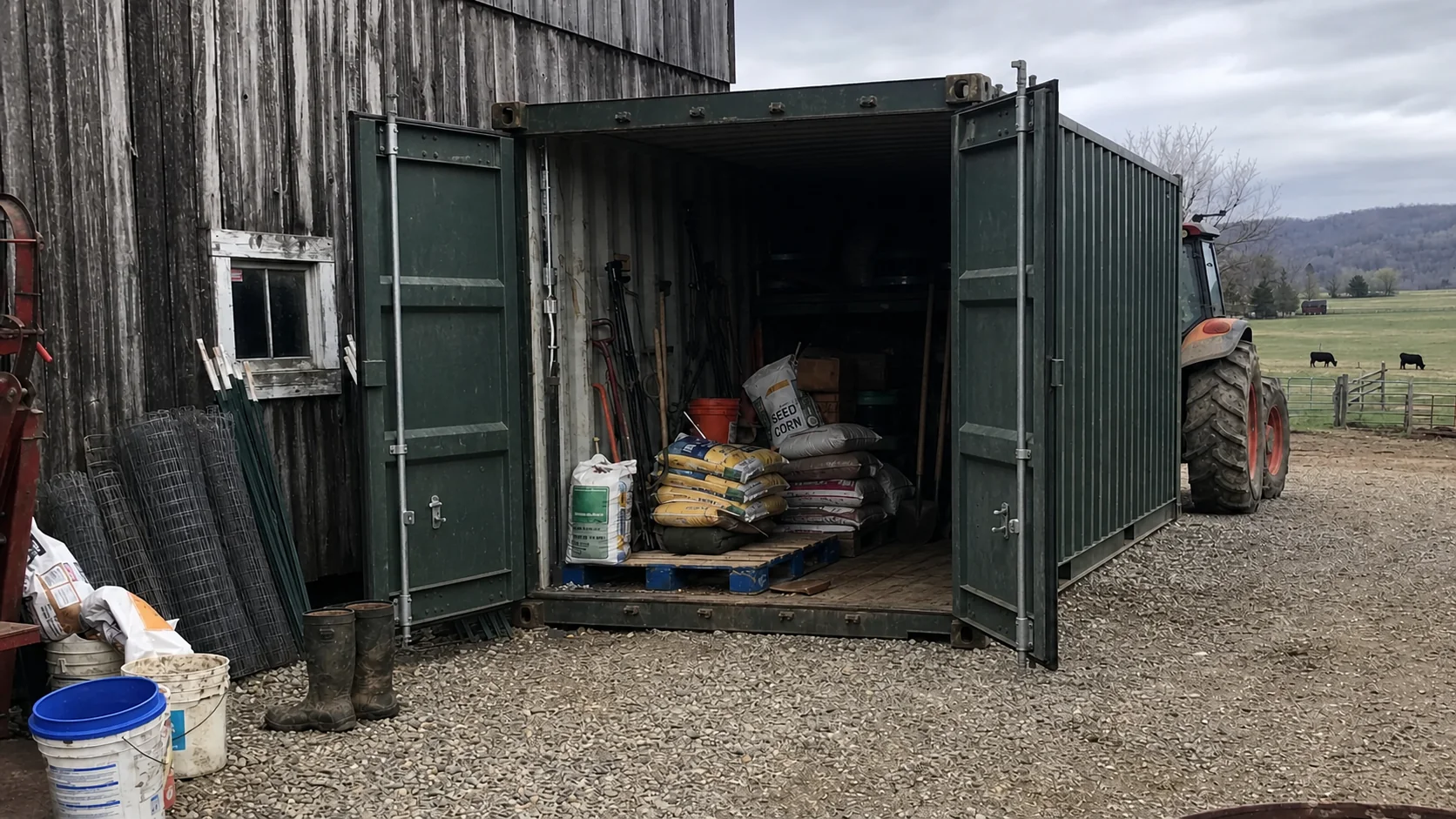 Farm container beside a barn