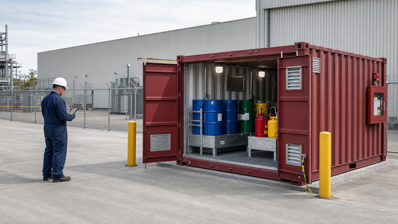 Hazardous Material Storage supplies organized inside a shipping container