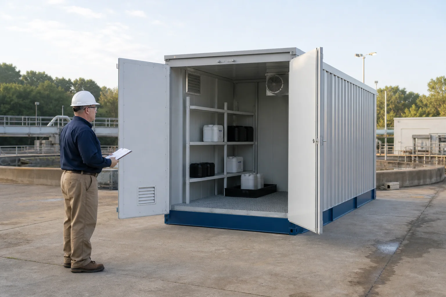 Purpose-built twenty foot corrosive-material storage enclosure with compatible liner shelving trays and inspection access