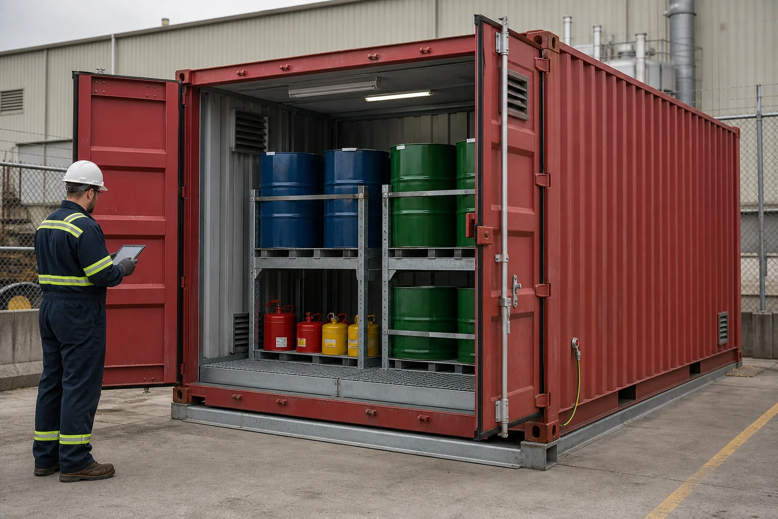 Purpose-built twenty foot flammable-liquid storage enclosure with sealed drums, grated containment floor, ventilation and grounding connection