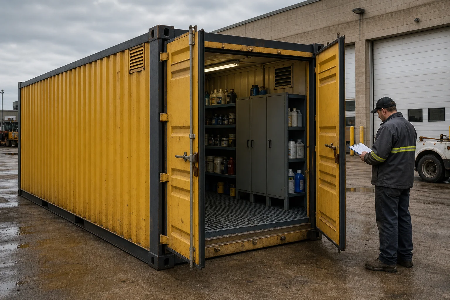 Purpose-built twenty foot maintenance-chemical enclosure with controlled cabinets grated containment floor and ventilation