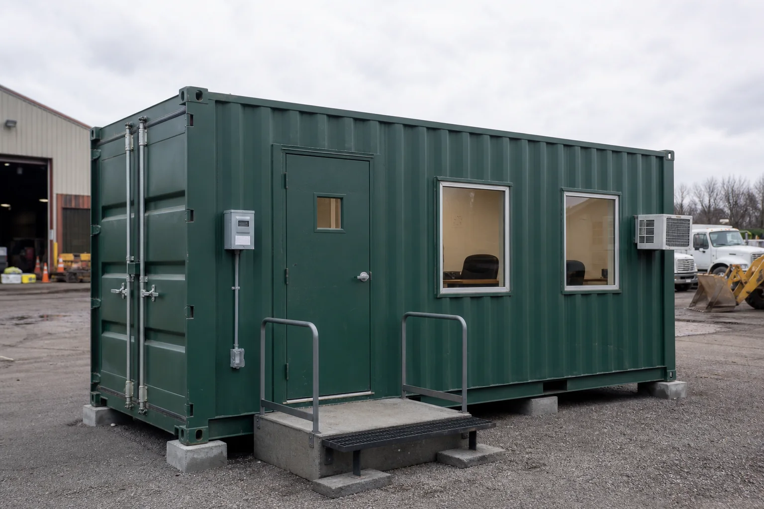 Twenty foot green office container with personnel door windows HVAC and compact work area