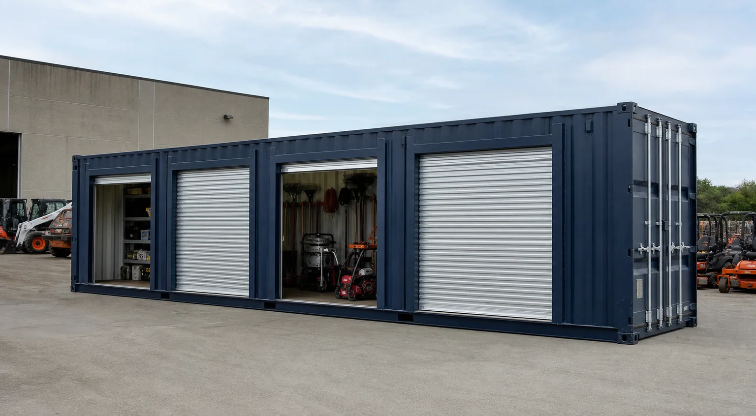 Forty foot navy container with exactly four long-side roll-up doors at an equipment yard