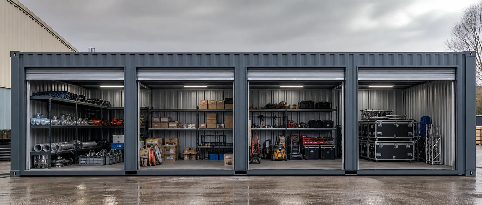 Open Side / Roll-Up supplies organized inside a shipping container
