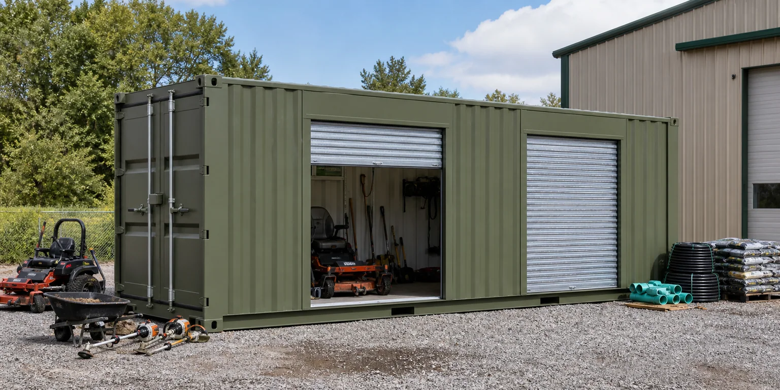 Twenty foot green container with exactly two roll-up doors beside landscaping equipment