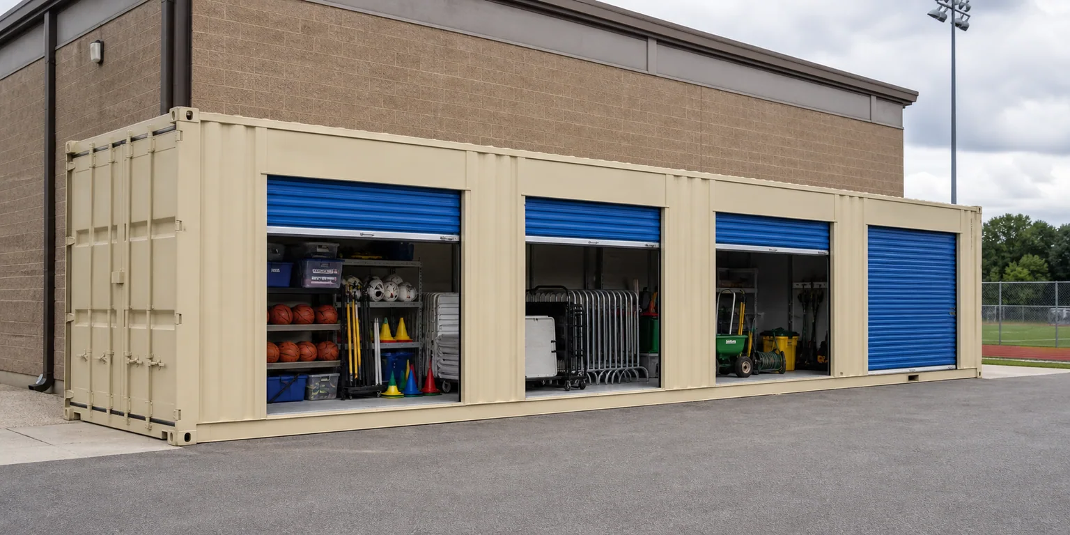 Forty foot container with exactly four blue roll-up doors beside a school athletics building