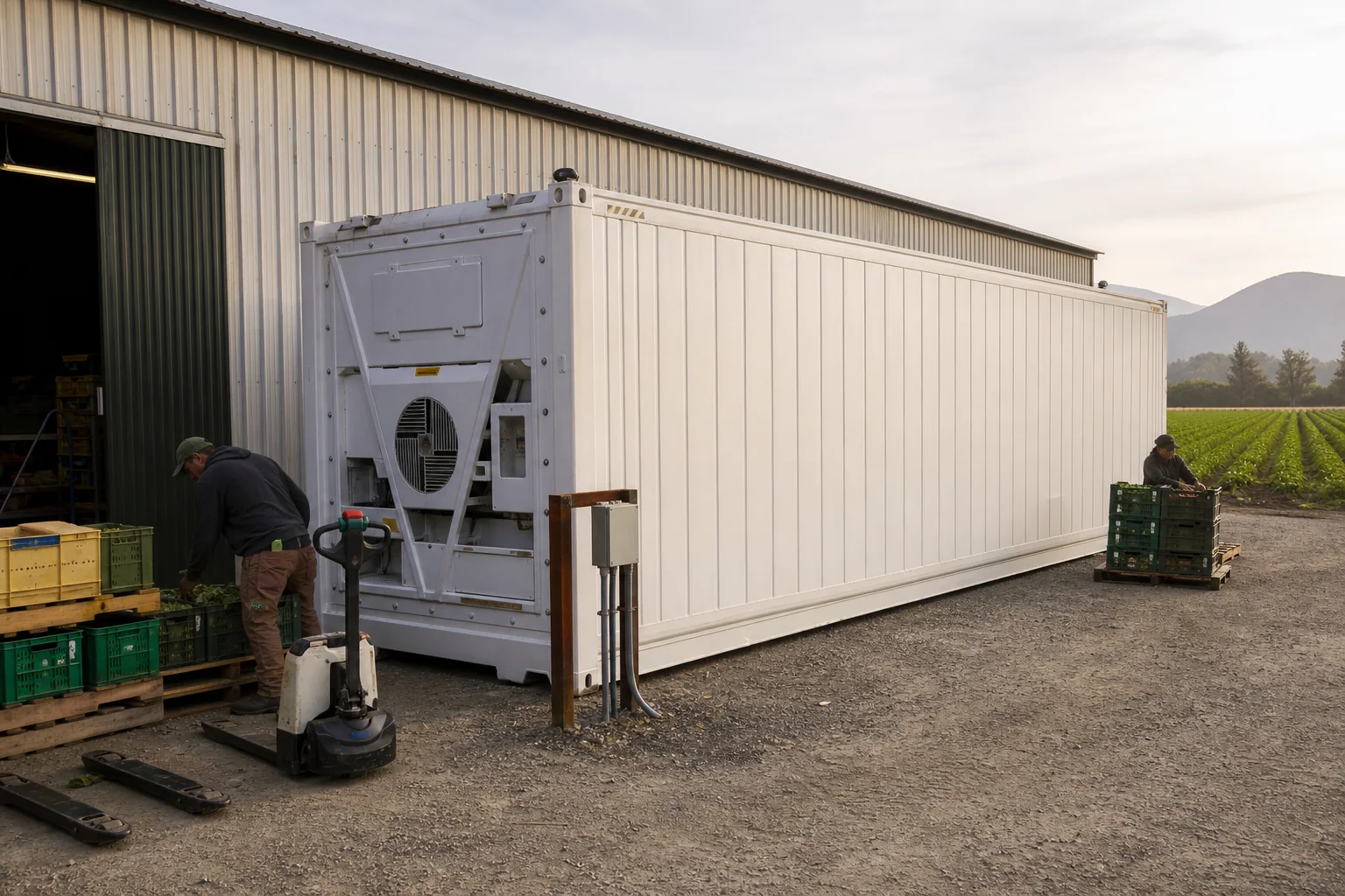 Forty foot refrigerated reefer container powered beside a produce packing shed