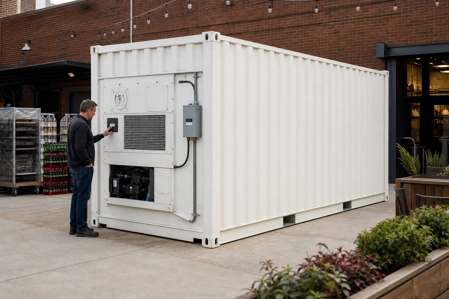Twenty foot refrigerated reefer container powered beside a restaurant service area