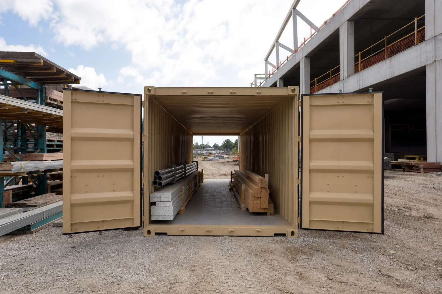 Twenty foot double-door tunnel container with paired cargo doors open at both short ends in a construction material yard