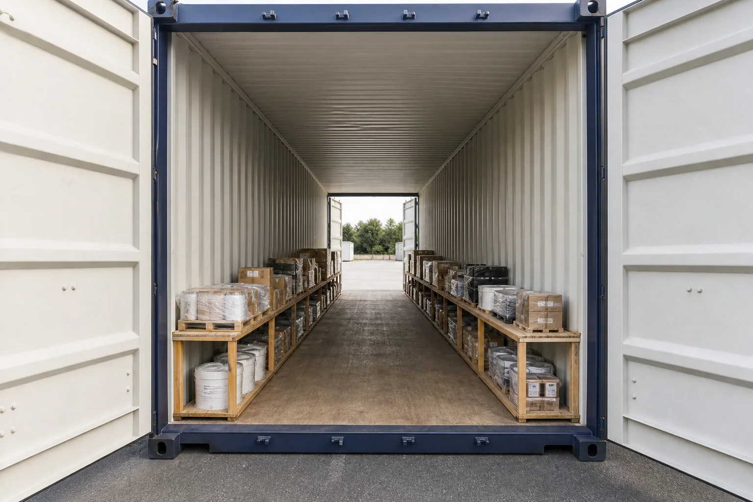 Double Door / Tunnel supplies organized inside a shipping container