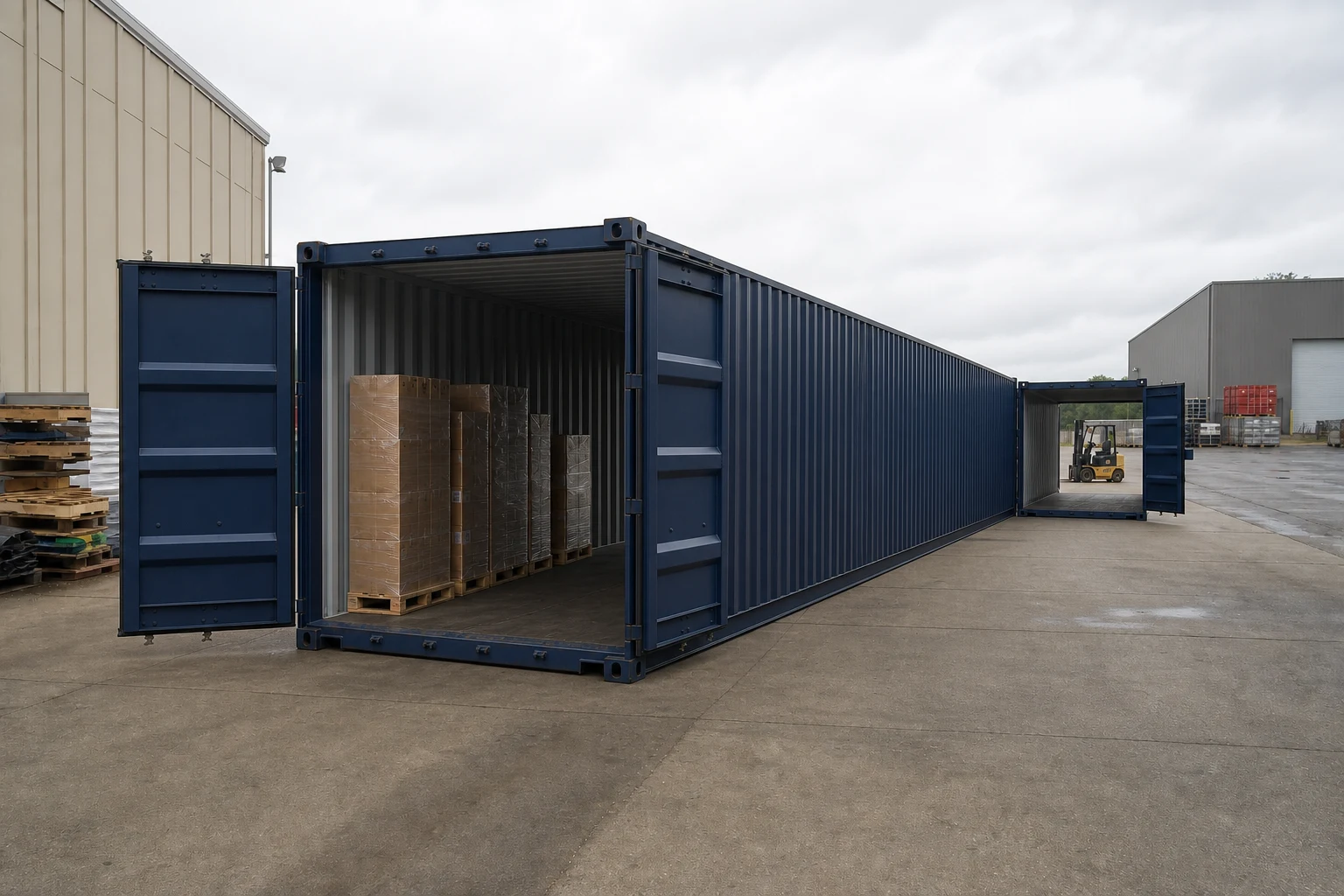 Accurately proportioned forty foot blue double-door tunnel container with two outward-opening cargo doors at each short end and a clear warehouse aisle