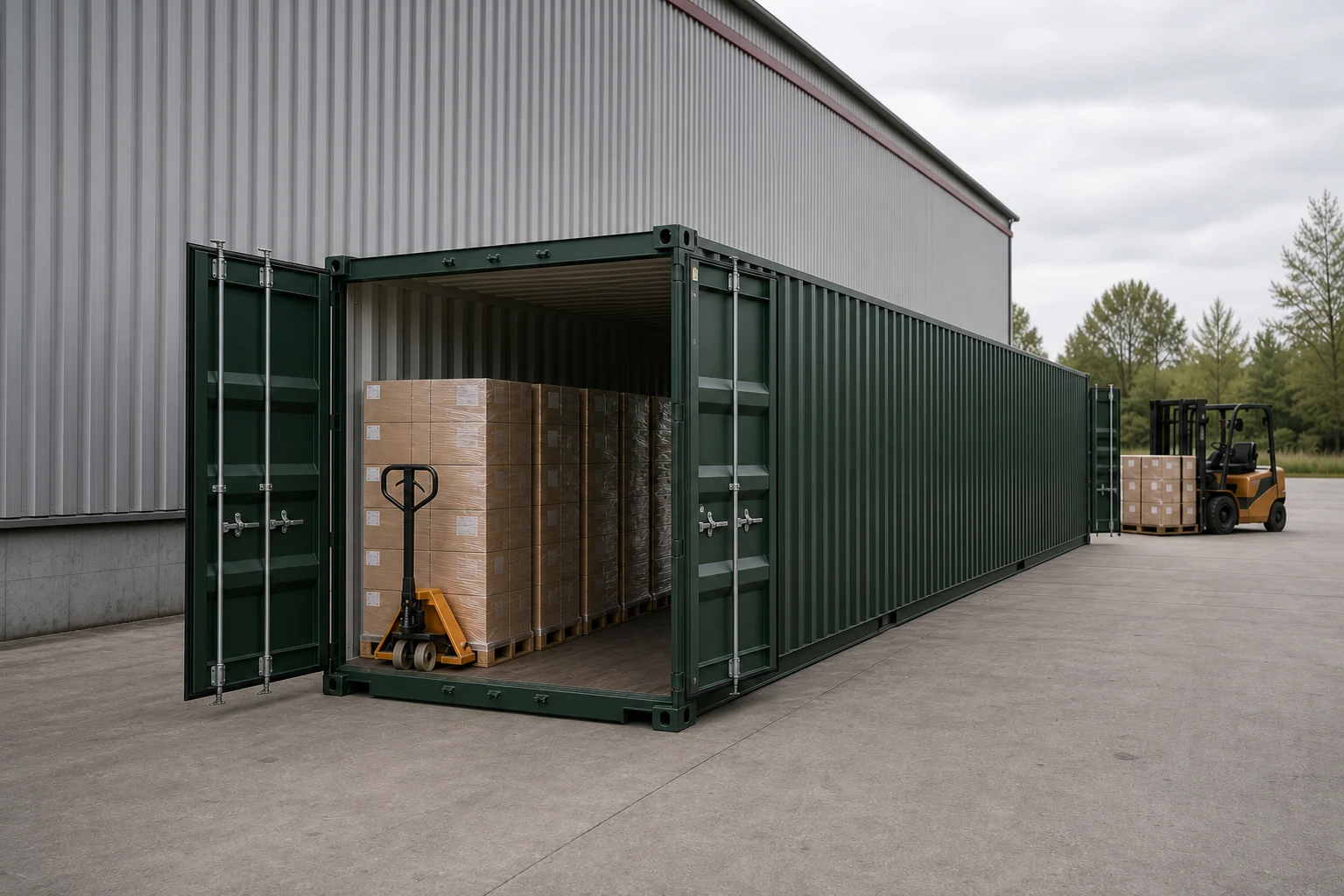 Accurately proportioned forty foot green tunnel container with paired cargo doors at both short ends beside a distribution warehouse