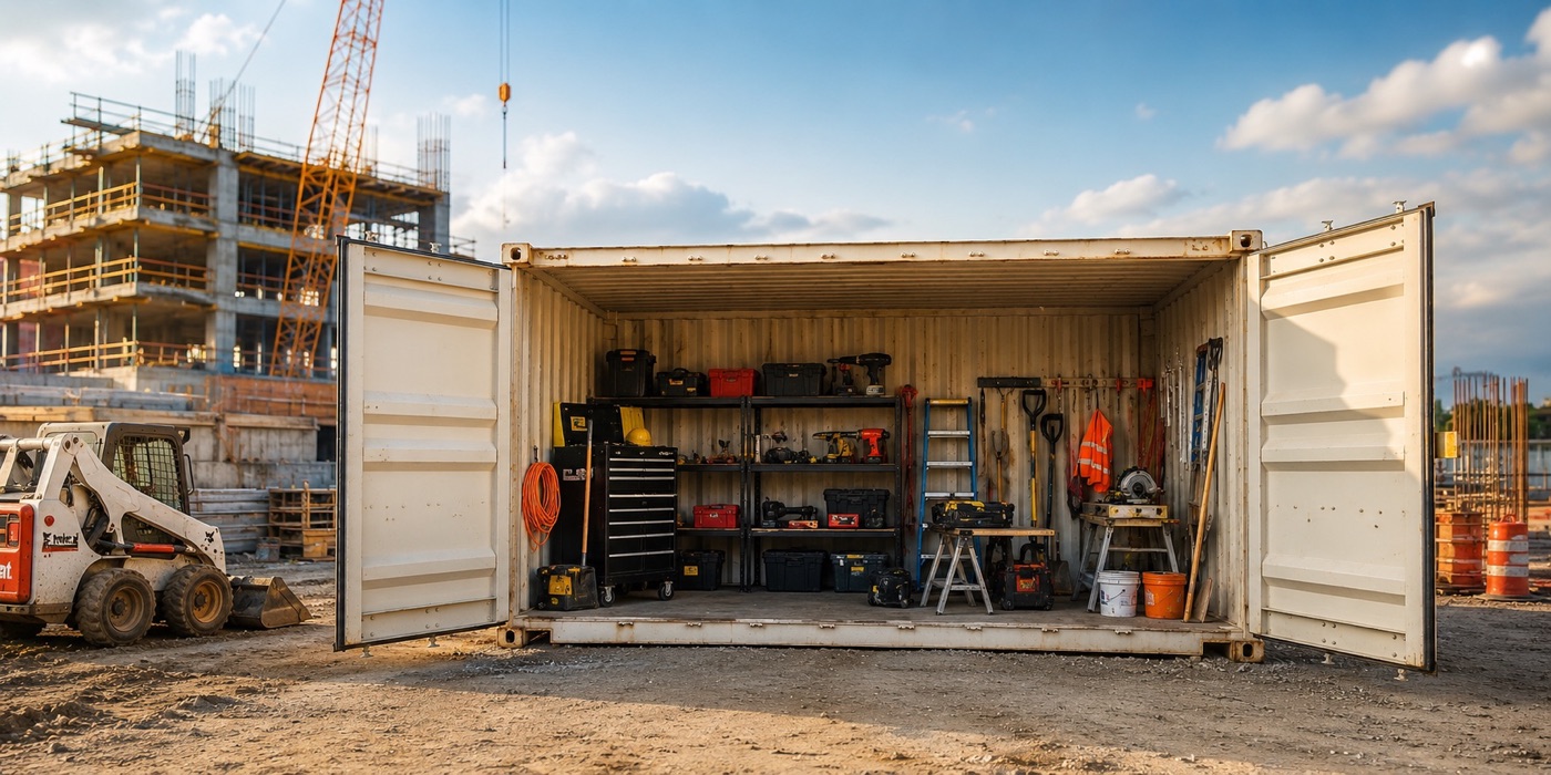 Organized tools and equipment inside a container