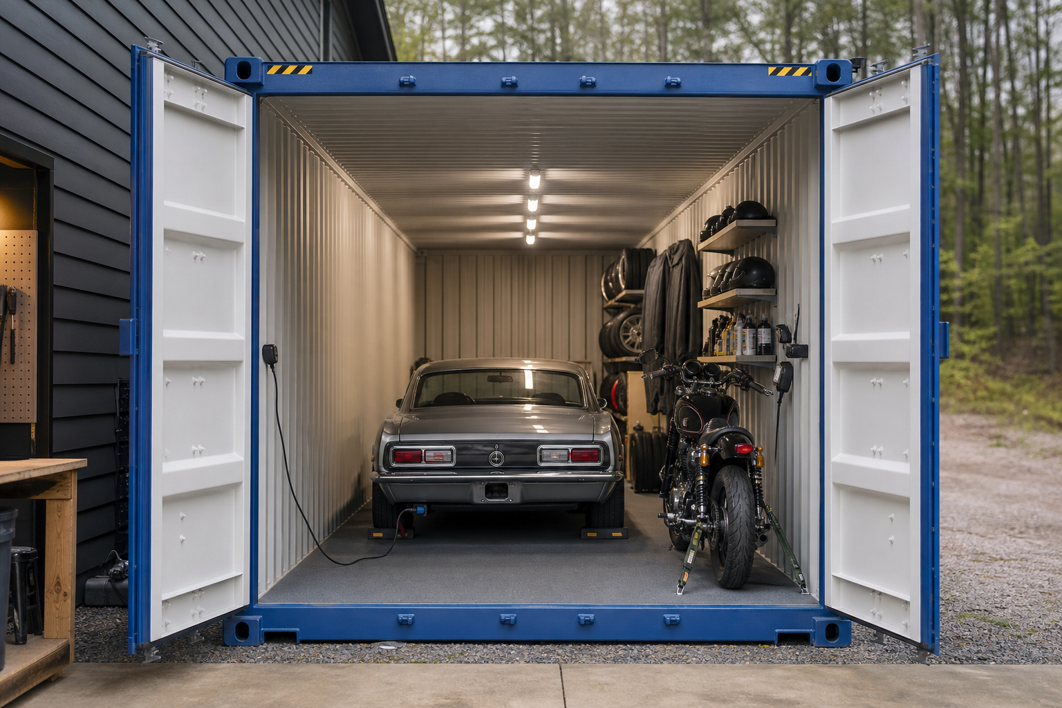 Classic car and motorcycle organized inside a container
