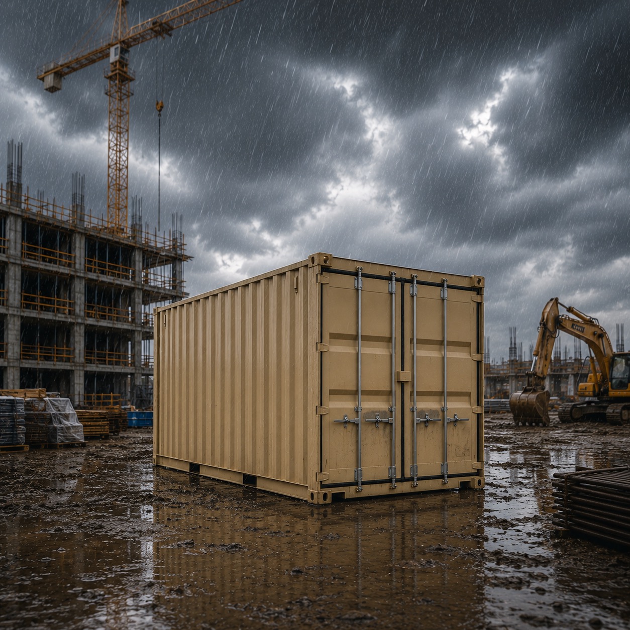 Weatherproof steel container in the rain